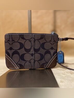 Coach Brown Signature Canvas Wristlet with Dark Brown Trim